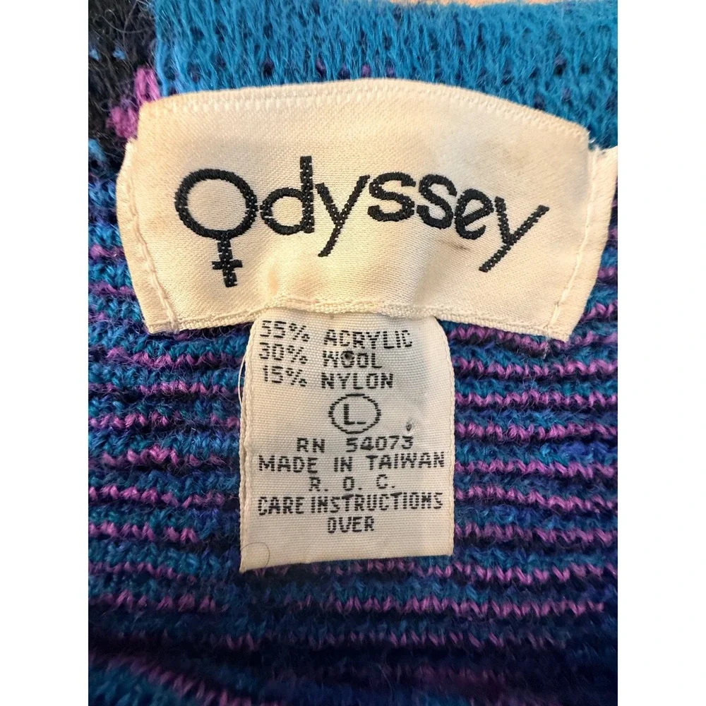 Vintage 90s‎ Odyssey Geometric Abstract Knit Sweater Pink Teal Wool Blend Large